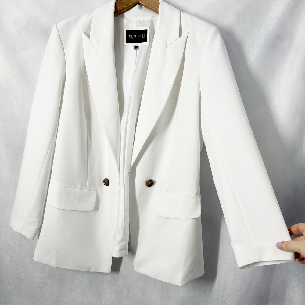 Eloquii Open Front Double Breast Button Oversized White Blazer Women's Size 14 - Picture 2 of 12